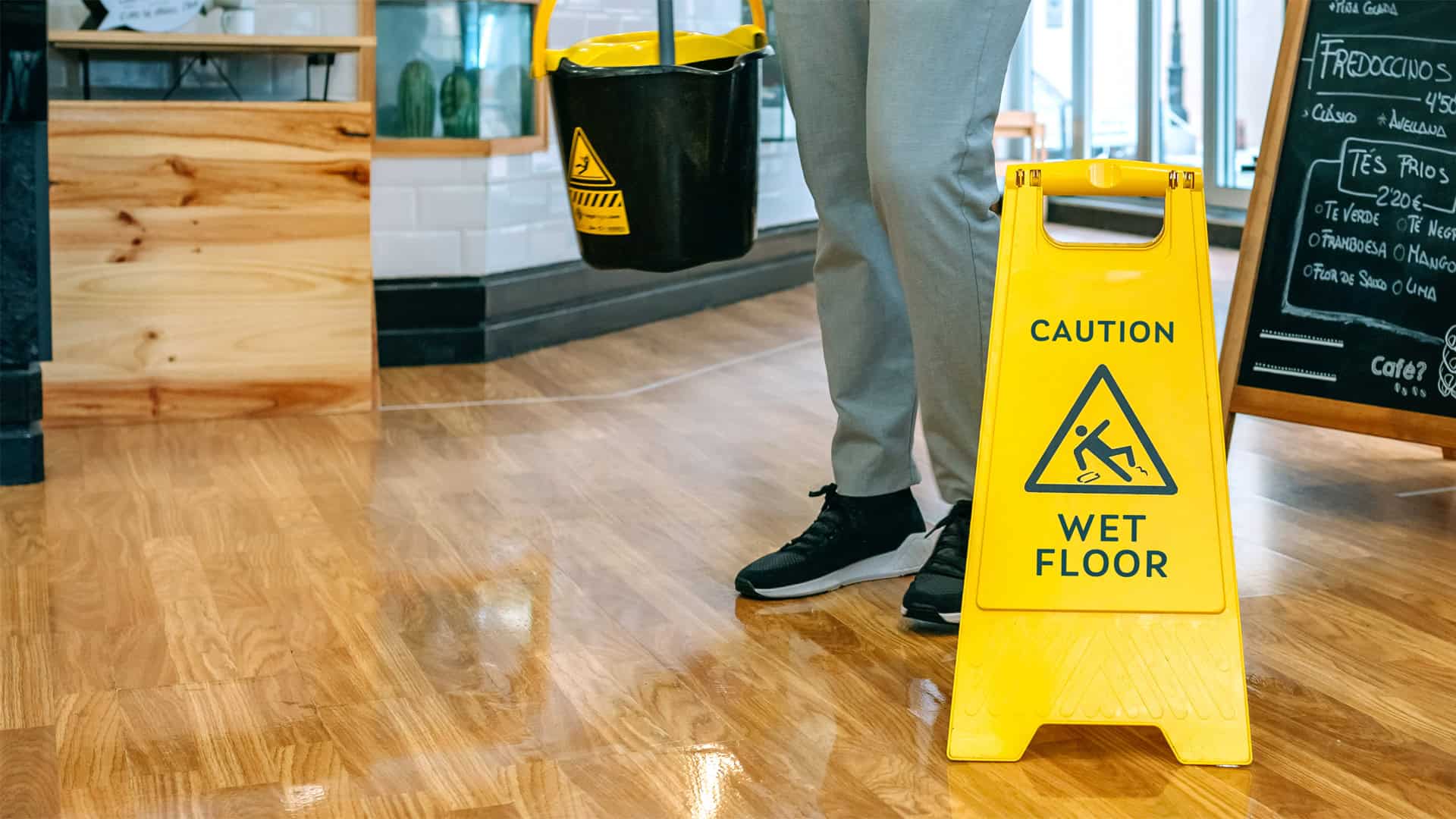 A person holding a mop bucket stands near a yellow "Caution Wet Floor" sign on a shiny wooden floor inside a cafe or restaurant, helping to protect your business floors and ensure customer safety.