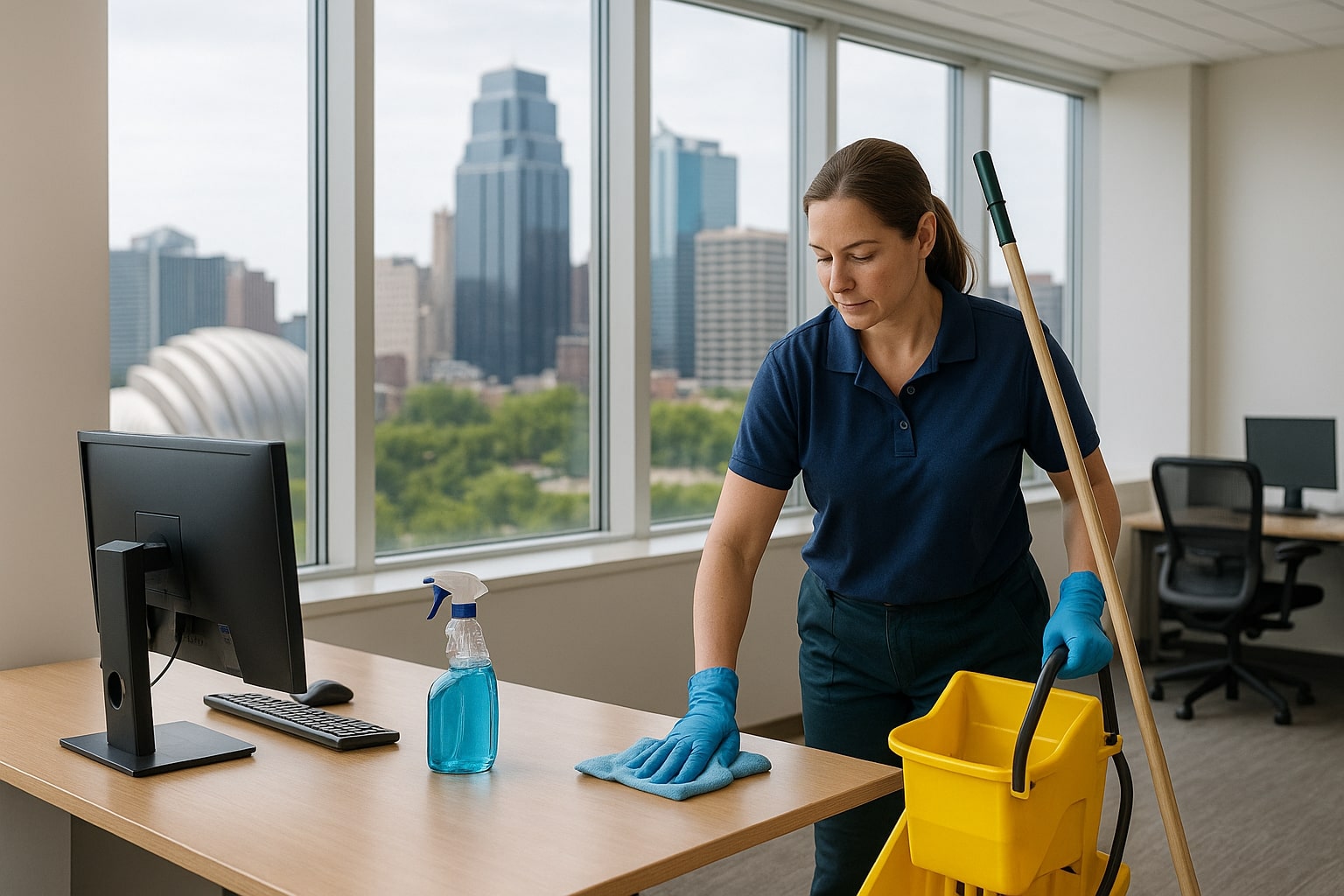 A janitor wearing gloves cleans an office desk with a cloth and spray bottle as part of office cleaning services Kansas City 